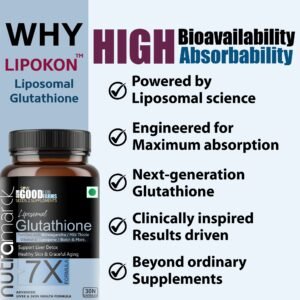 NutraMarck Liposomal Glutathione Capsules bottle with skin glow and liver detox benefits supplement