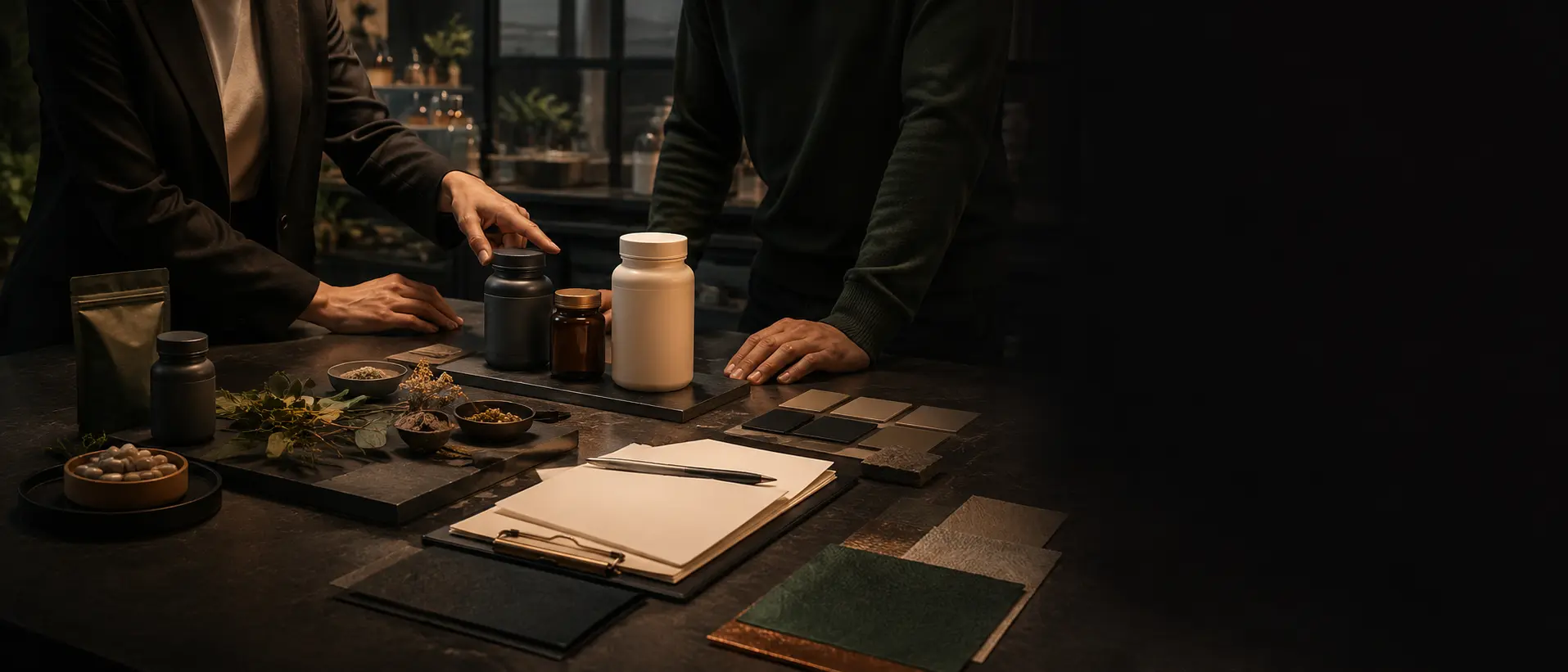 Professionals reviewing supplement concepts and materials