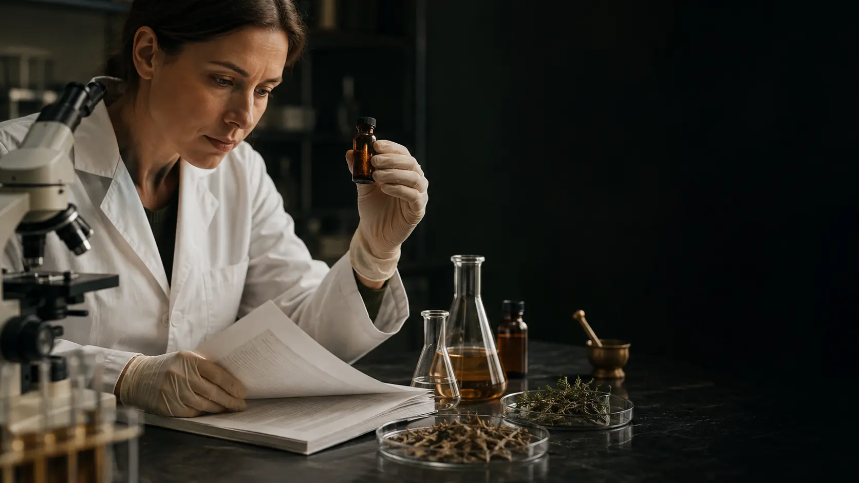 Scientist carefully reviewing a botanical extract and research papers