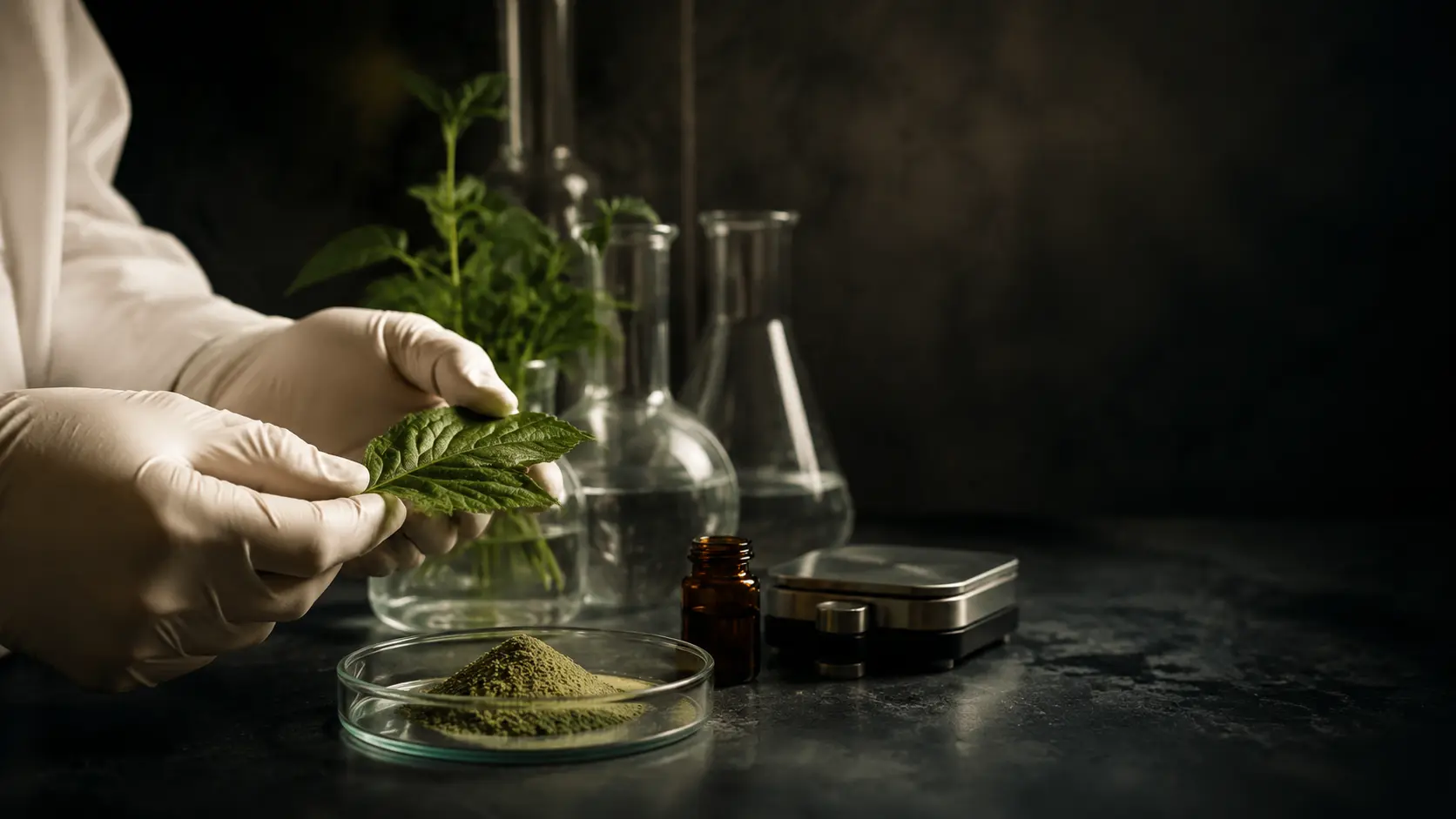 Botanical ingredient being carefully examined in a laboratory
