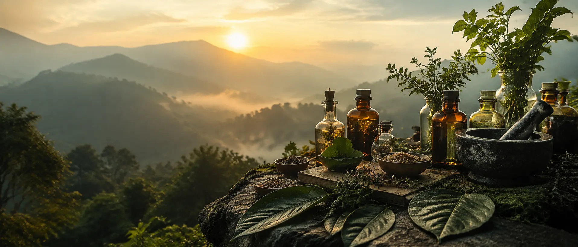 Botanicals and traditional wellness ingredients in a mountain landscape