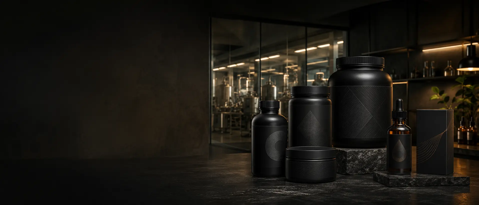 Premium unbranded supplement packaging in a manufacturing studio