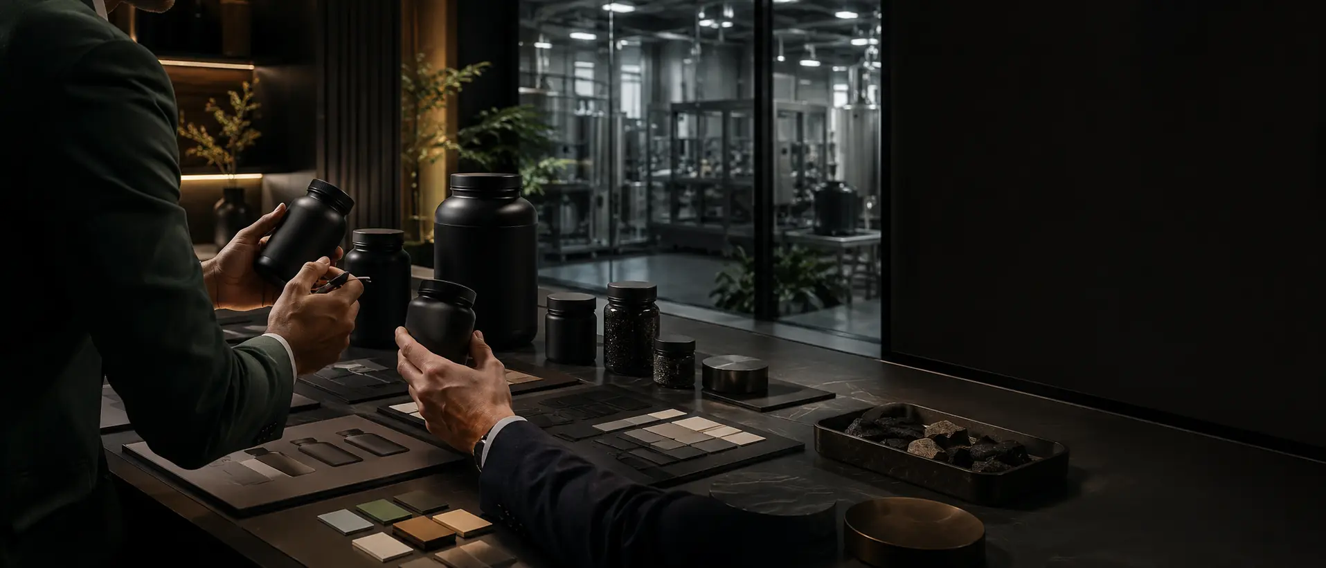 Professionals reviewing premium supplement packaging prototypes