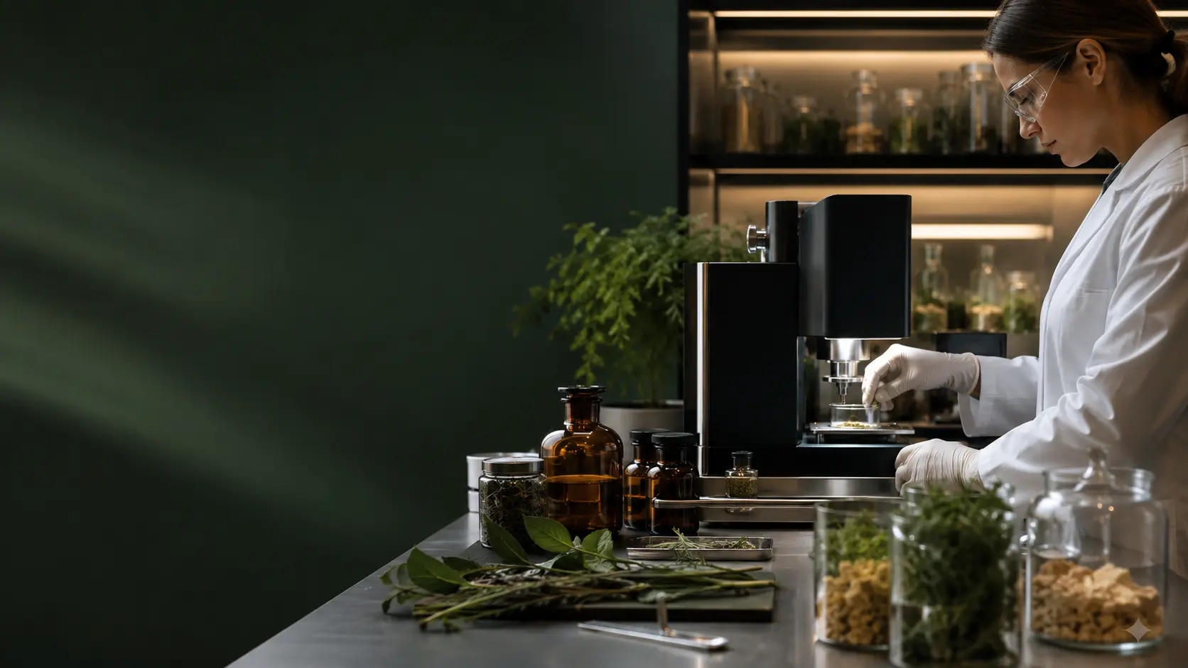 Quality professional reviewing a botanical ingredient sample in a laboratory