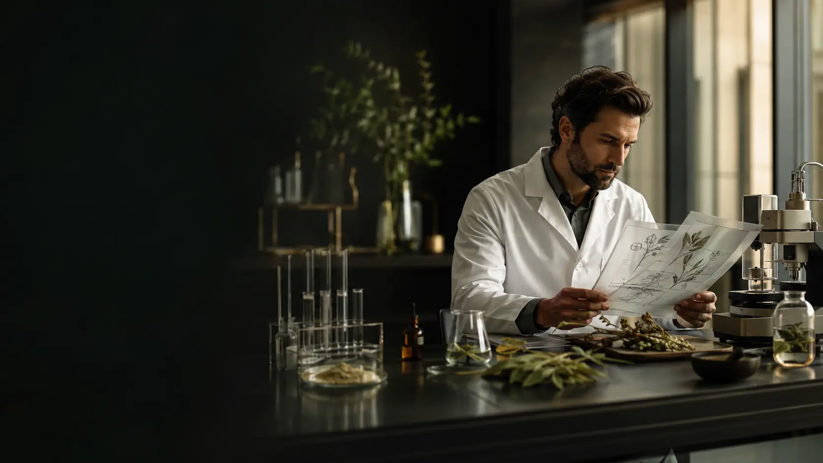 Researcher reviewing botanical evidence in a modern laboratory