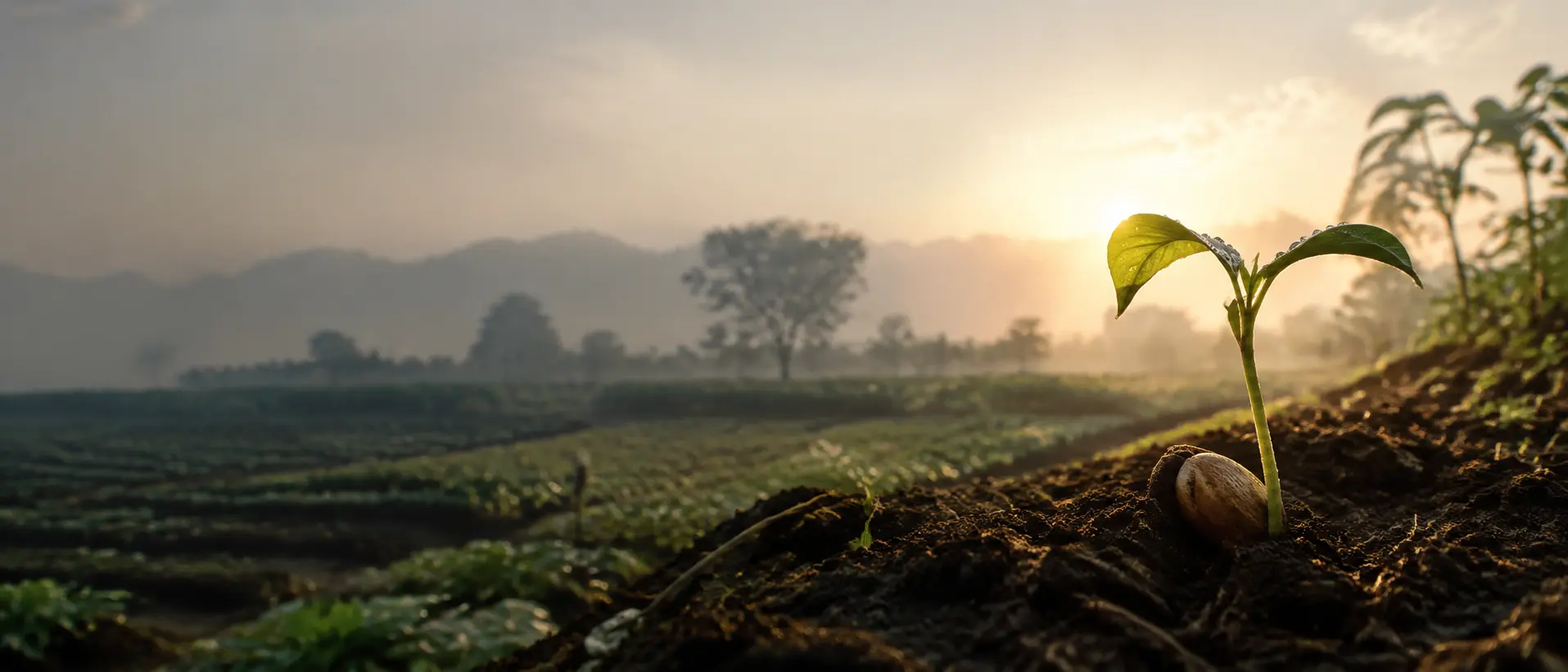 A seedling emerging from rich soil at sunrise