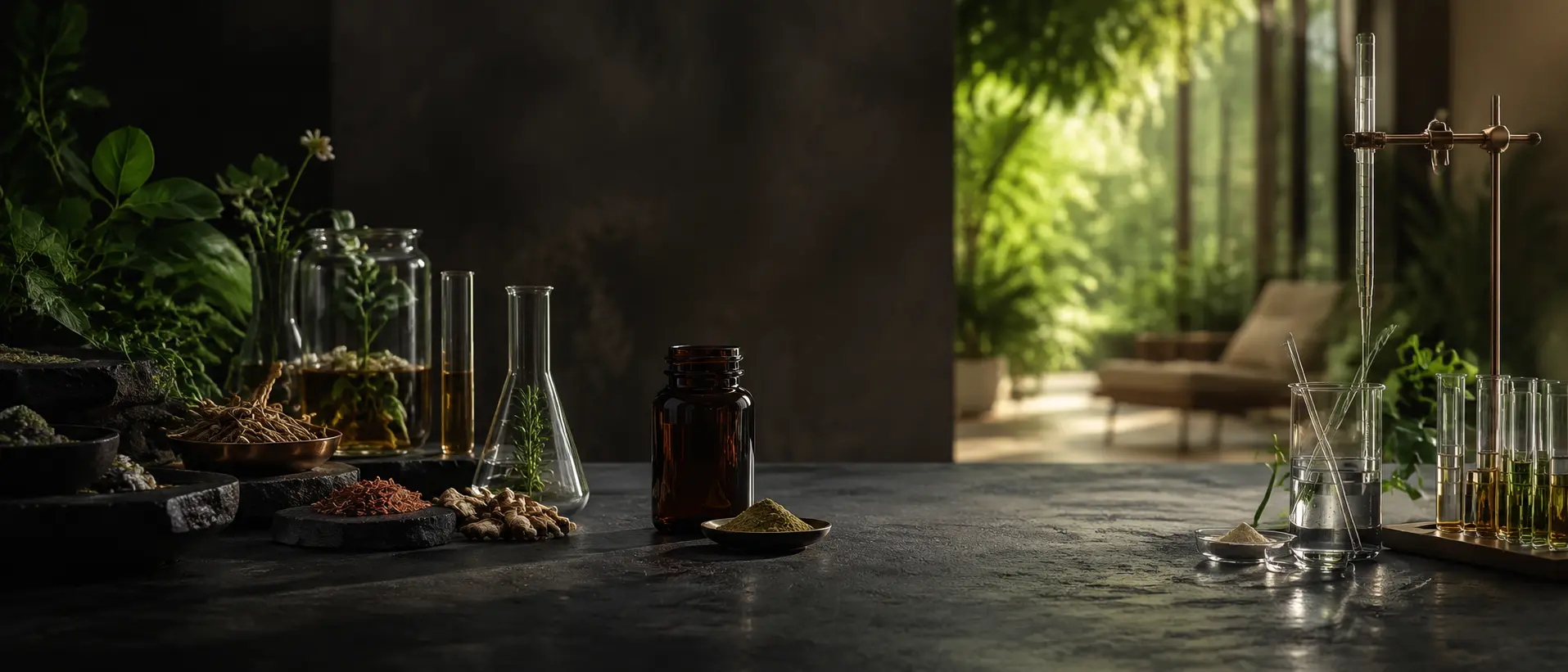 Botanical ingredients and modern formulation glassware