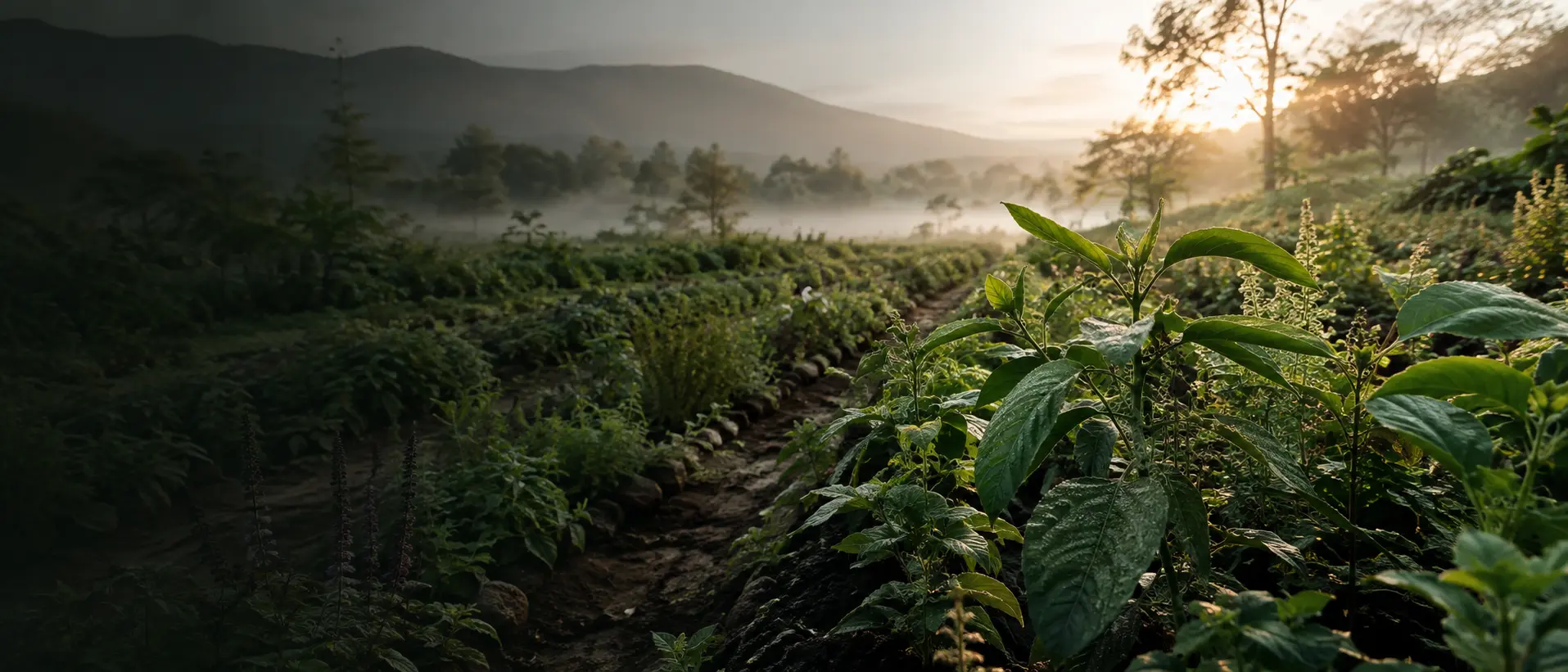 Botanical plants growing in rich soil at sunrise