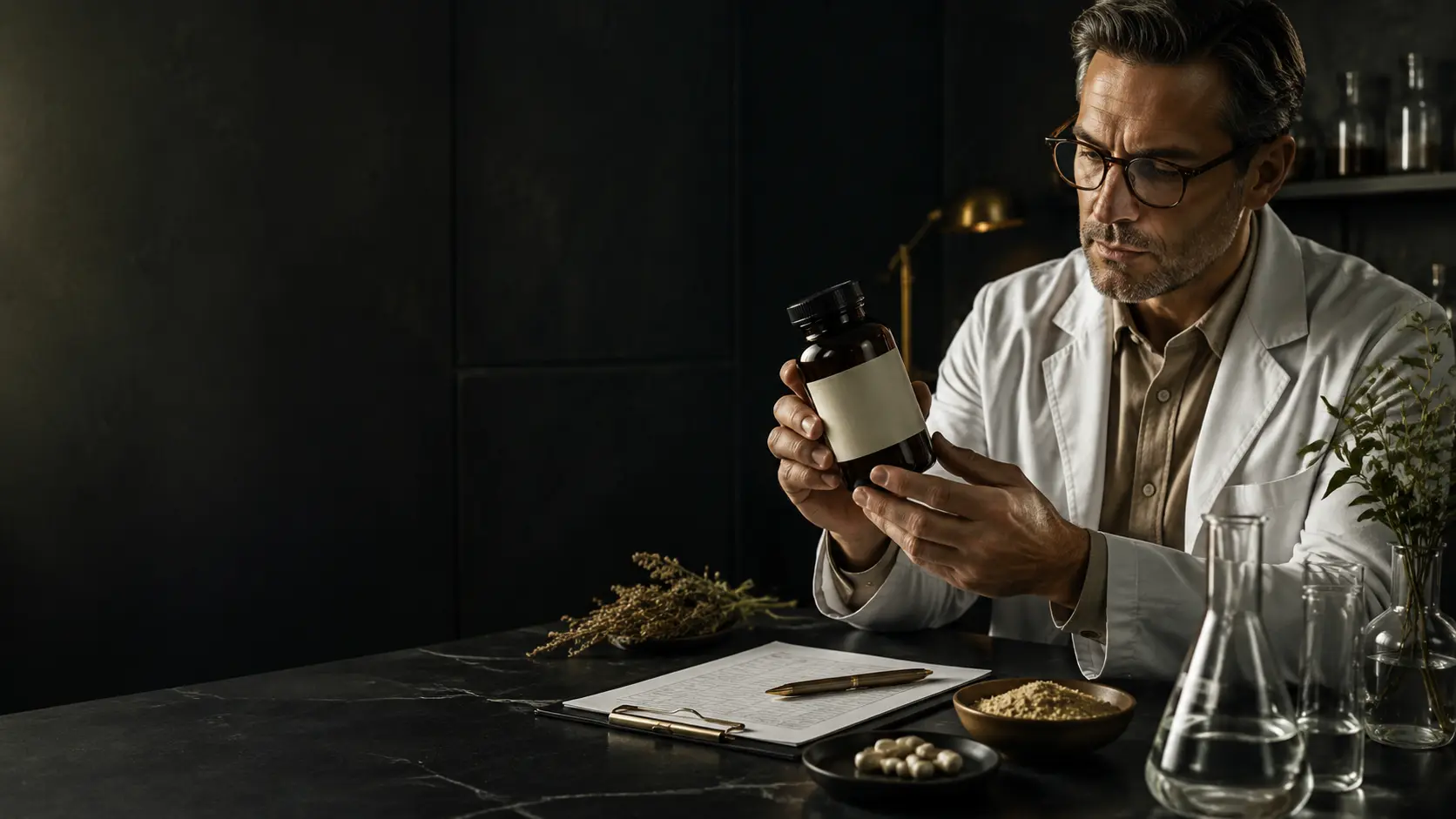 Quality professional carefully reviewing a supplement label